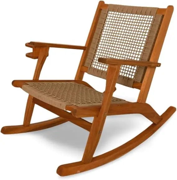 Natural finish wooden rocking chair with beverage holder for outdoor use: ideal patio poolside backyard and garden