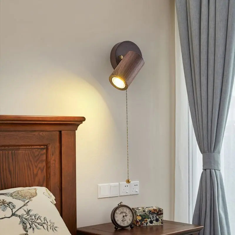 Japanese walnut wood color bedroom bedside wall light zipper switch vintage retro lamp with adjustable spotlight reading