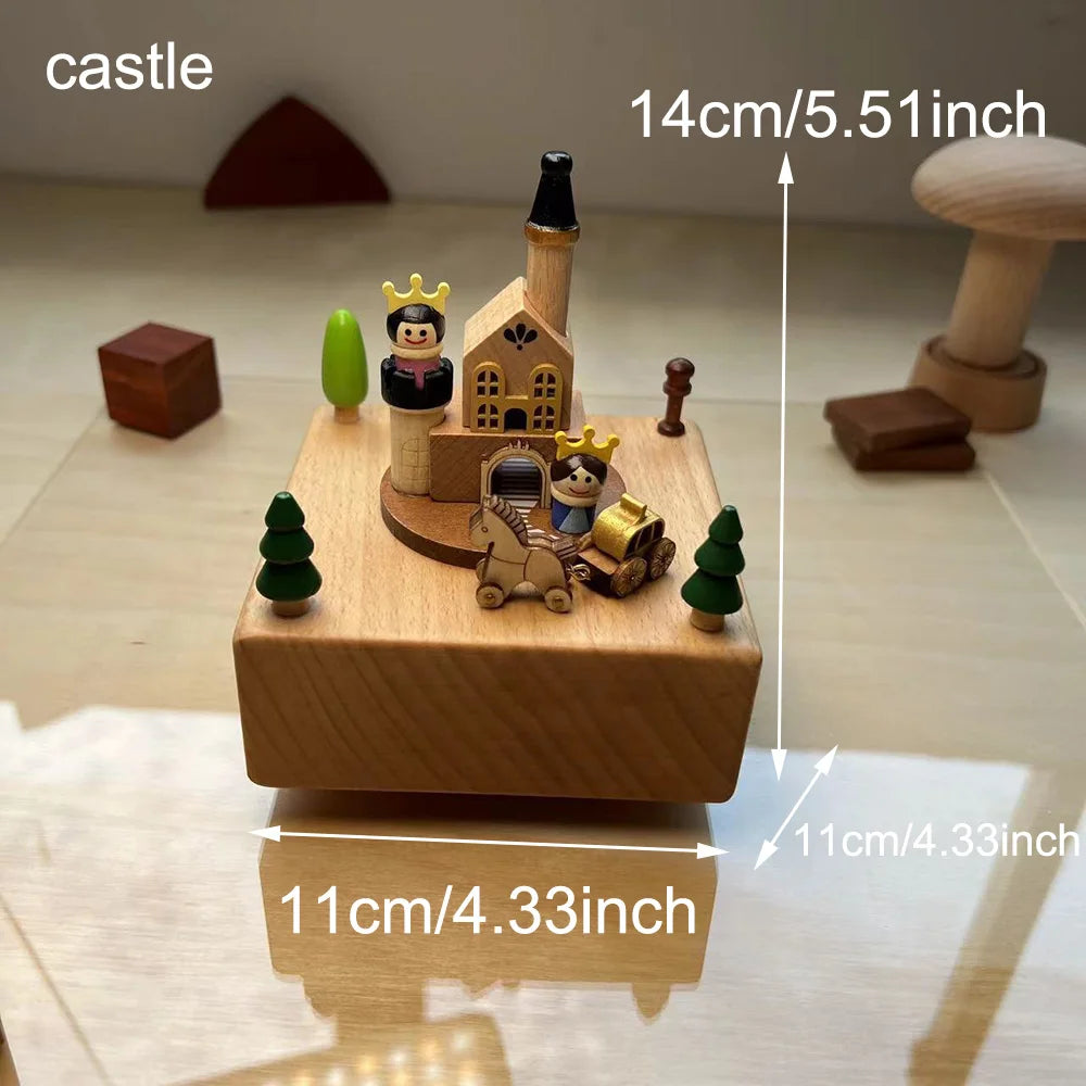 Cottage garden castle car woodgrain wind-up musical figurine wooden creative music box carousel train birthday gifts