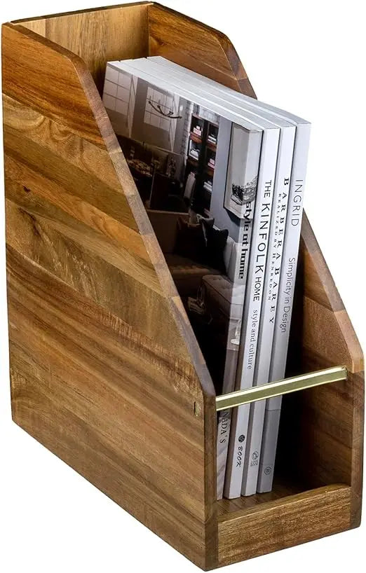 Solid acacia wood vertical magazine file holder with brass accents for office desk - united states