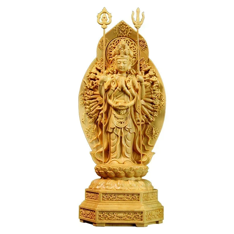 Feng shui buddha carving boxwood thousand-hand guanyin sculpture home decor - high 20cm - religious (buddhist)