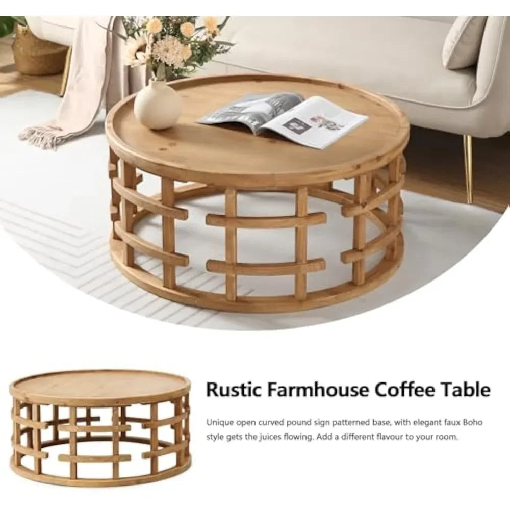 Farmhouse round coffee table french country sofa tables,rustic solid wood finish w/ openwork pattern & curved base
