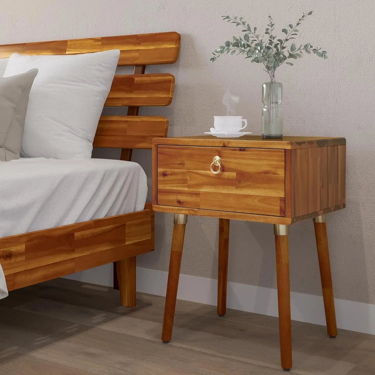 Solid wood nightstand/side table/end table fully assembled with 1-drawer for mid century bedroom and living room