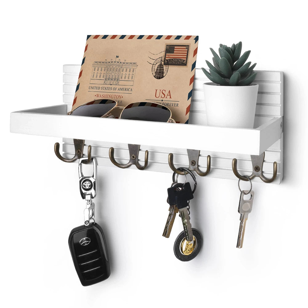 Wooden key holder for entryway decor wall mounted mail organizer and hanger with 4 hooks rustic rack keys sunglasses