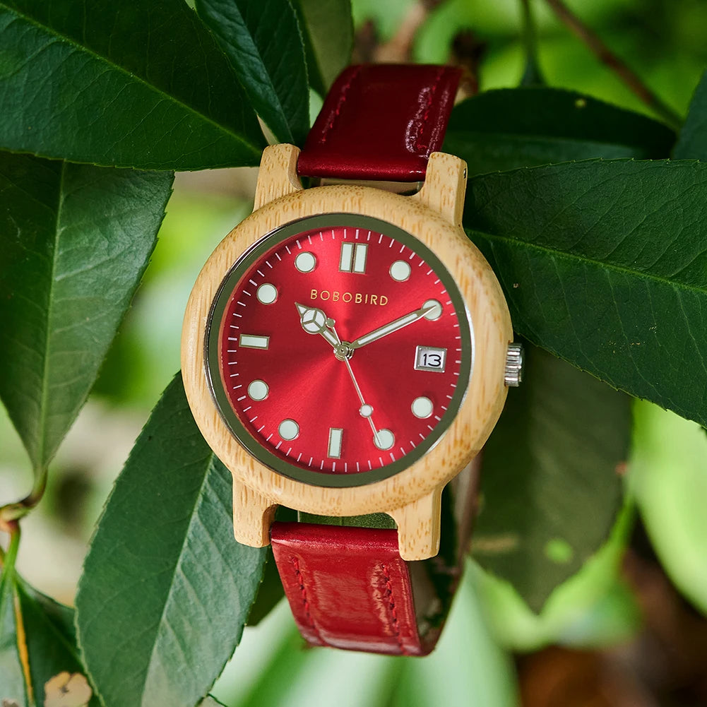 Bobo bird women’s bamboo watch with genuine leather strap – natural lightweight ladies wristwatch elegant fashion gift