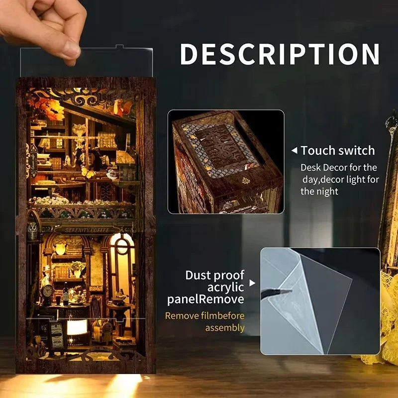 Retro diy wooden book nook shelf insert miniature kits serenity coffee house bookshelf home decoration for adult