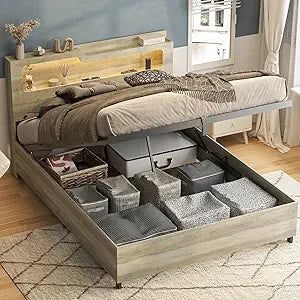 Fameill twin size lift up storage bed frame 2-tier headboard wooden platform with lifting & charging station, - grey
