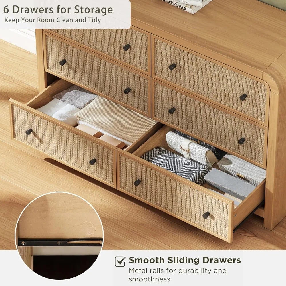 6 drawer dresser for bedroom 49’’ rattan with ample storage boho chest of drawers thickened curved profile design