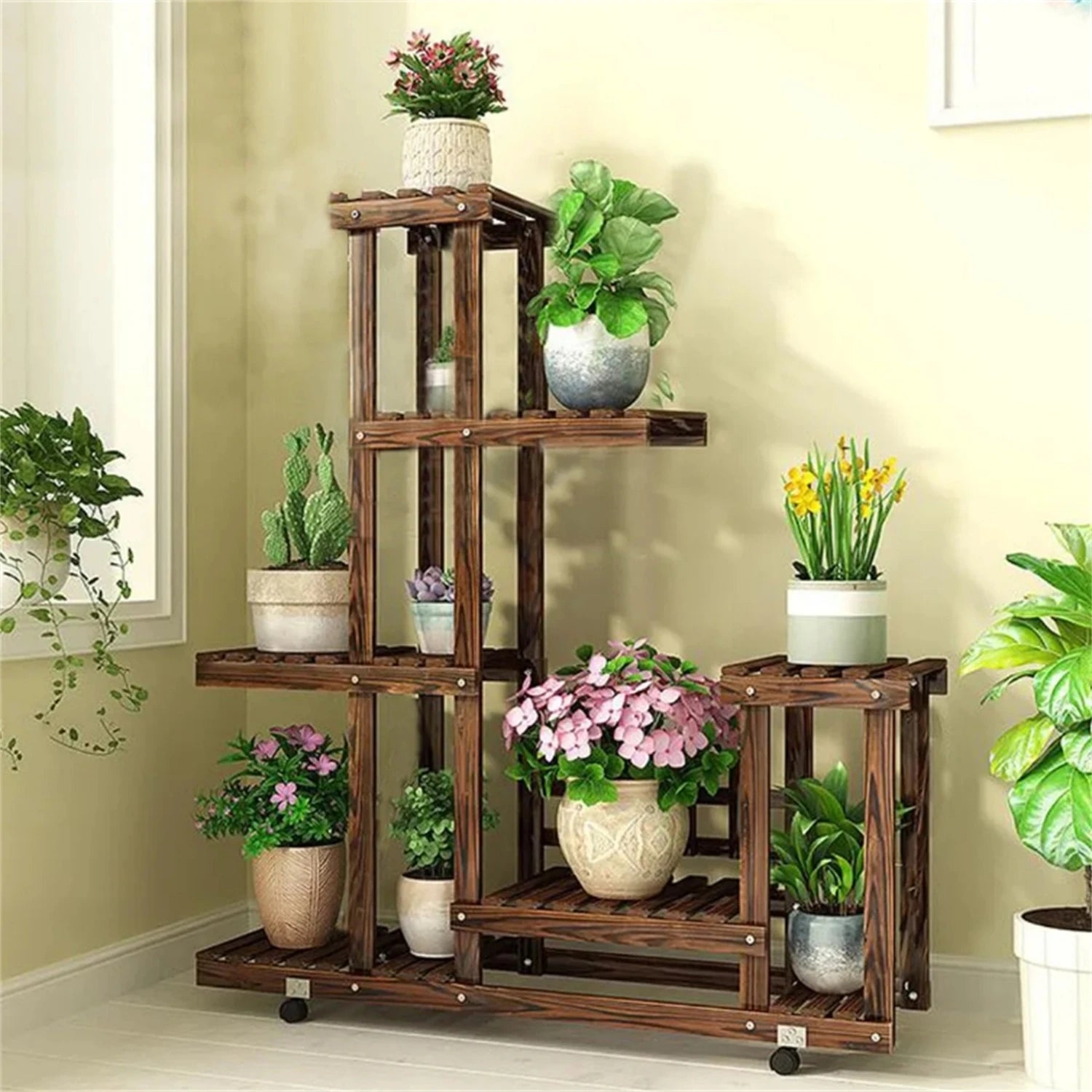 6 tier wood plant stand vertical carbonized multiple holder indoor outdoor patio - brown / united states