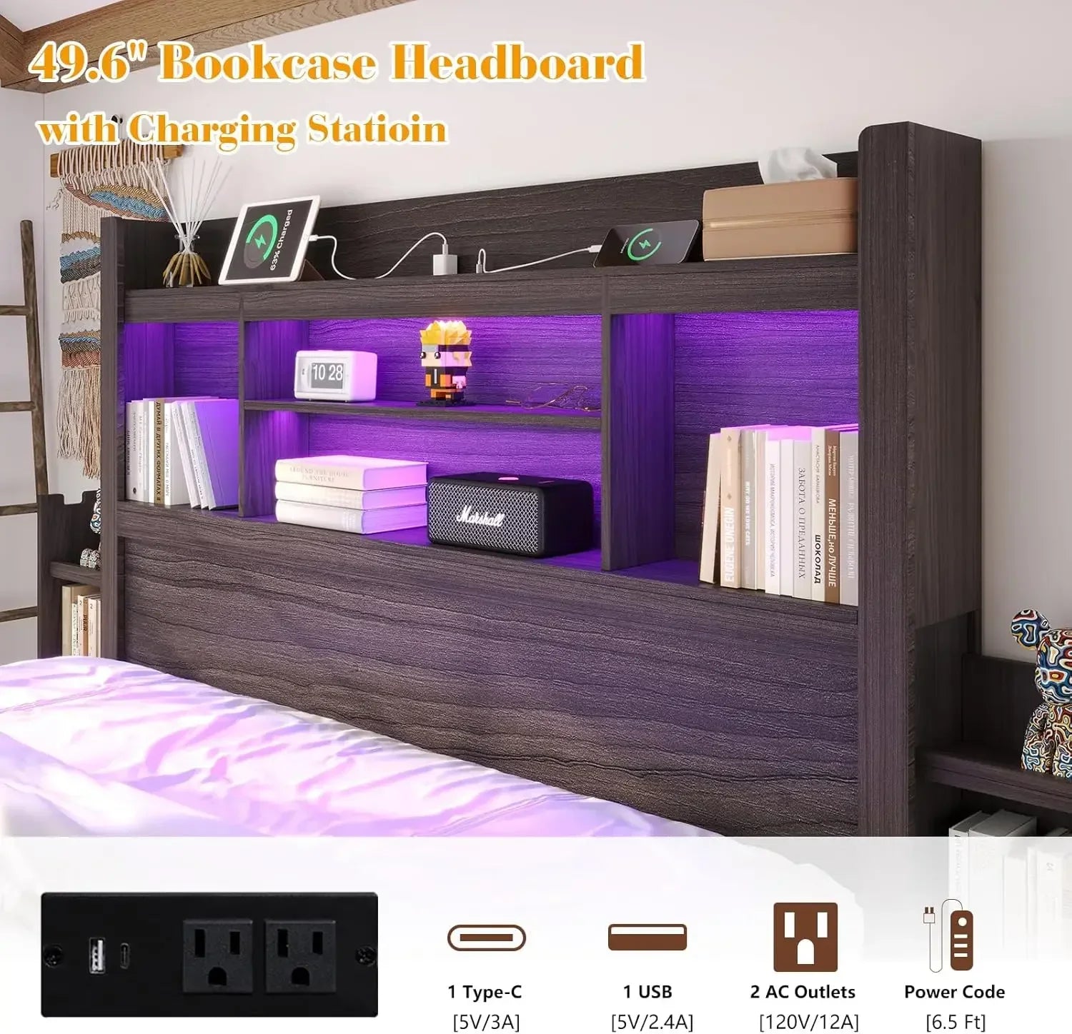 Queen bed frame with 49.6’’ bookcase headboard & 2 bedside stoage racks 4 drawers farmhouse wood - united states