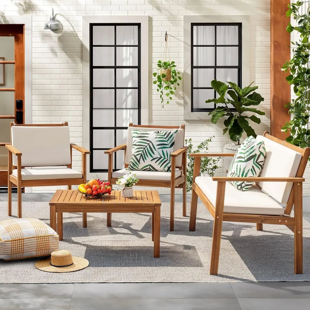 Outdoor acacia wood patio conversation sofa set with table & cushions porch furniture for deck,balcony backyard