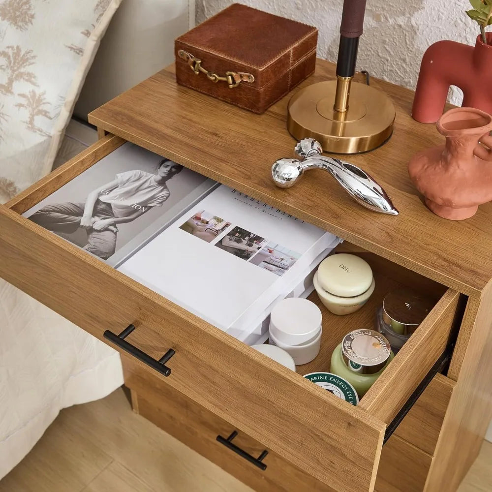 Oak wooden nightstand with 4 drawers tall nightstands end table modern bedside storage cabinet organizer unit