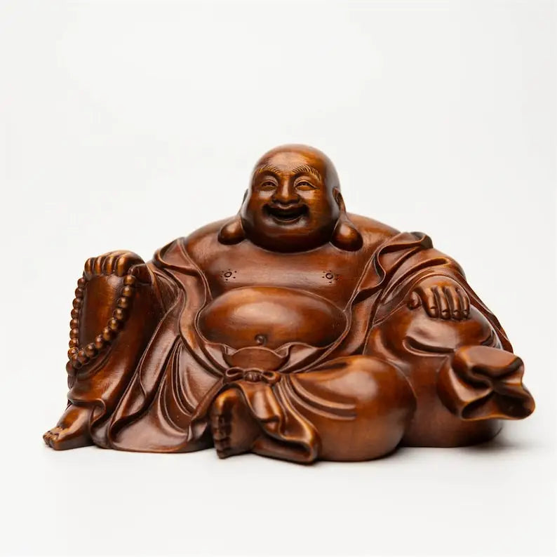 Hand carved wooden laughing buddha statue figurine good luck feng shui maitreya budai for wealth happiness home office