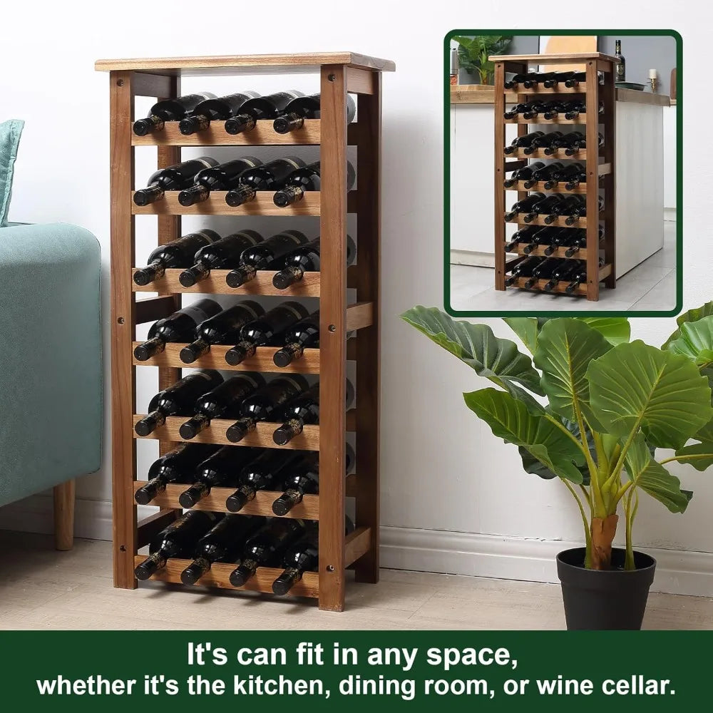 Wooden wine rack 7 tire floor storage 28 bottles holder free standing display for kitchen pantry - brown / united states