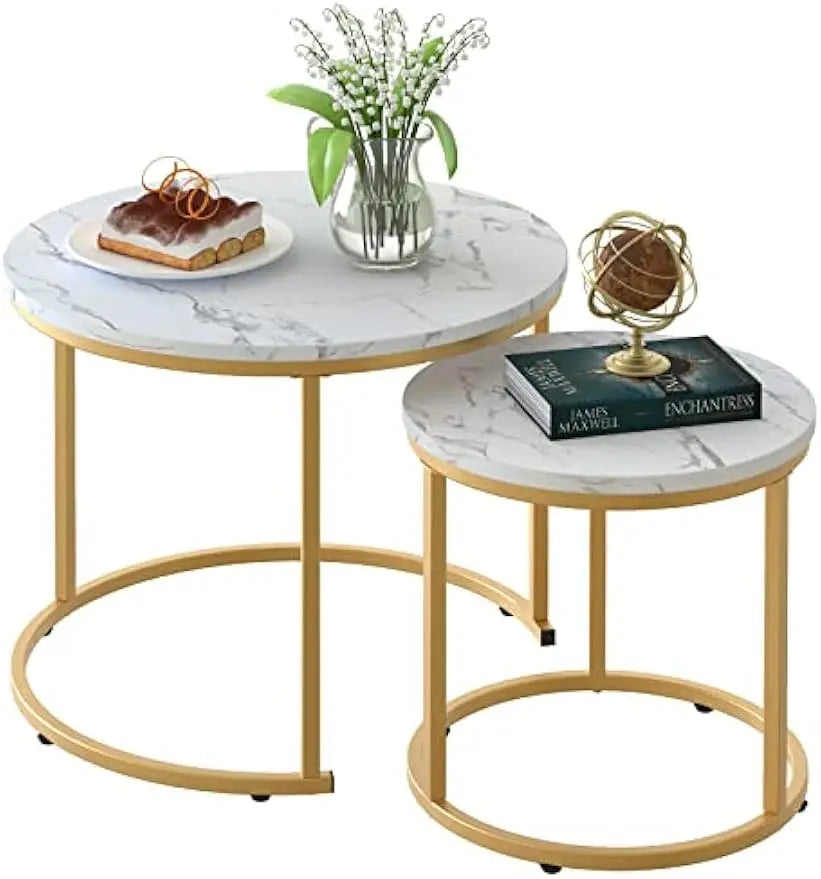 coffee-table-nesting-white-set-of-2-side-set-golden-frame-circular-round-and-marble-pattern-wooden-tables-living-room-bedroom