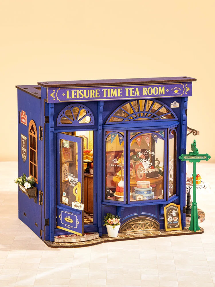 Robotime rolife diy miniature leisure time tea room dollhouse 3d wooden puzzle toys precolored wood home decor for women