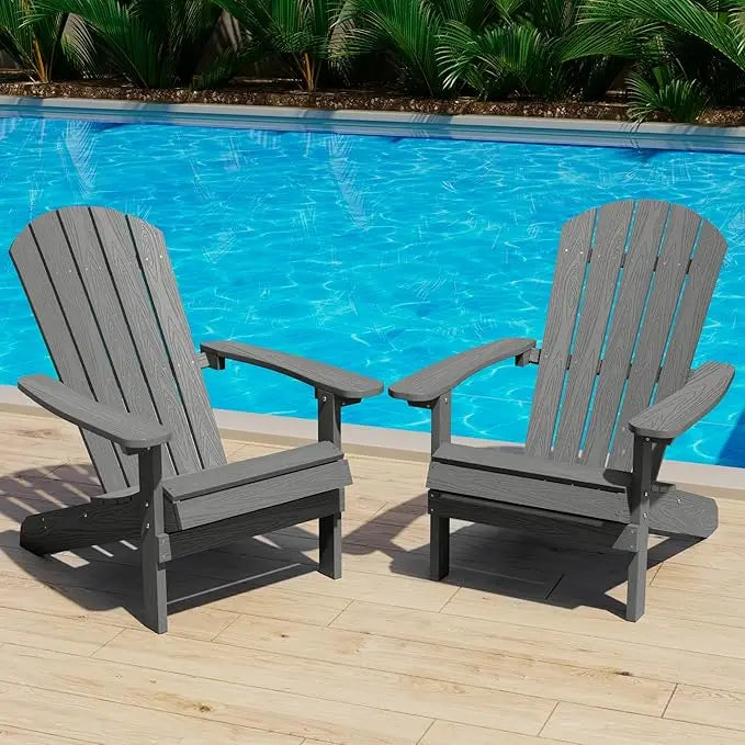 Adirondack chairs set of 2: plastic - patio with wood texture - outdoor chair hips - lawn fire pit - dark grey / united