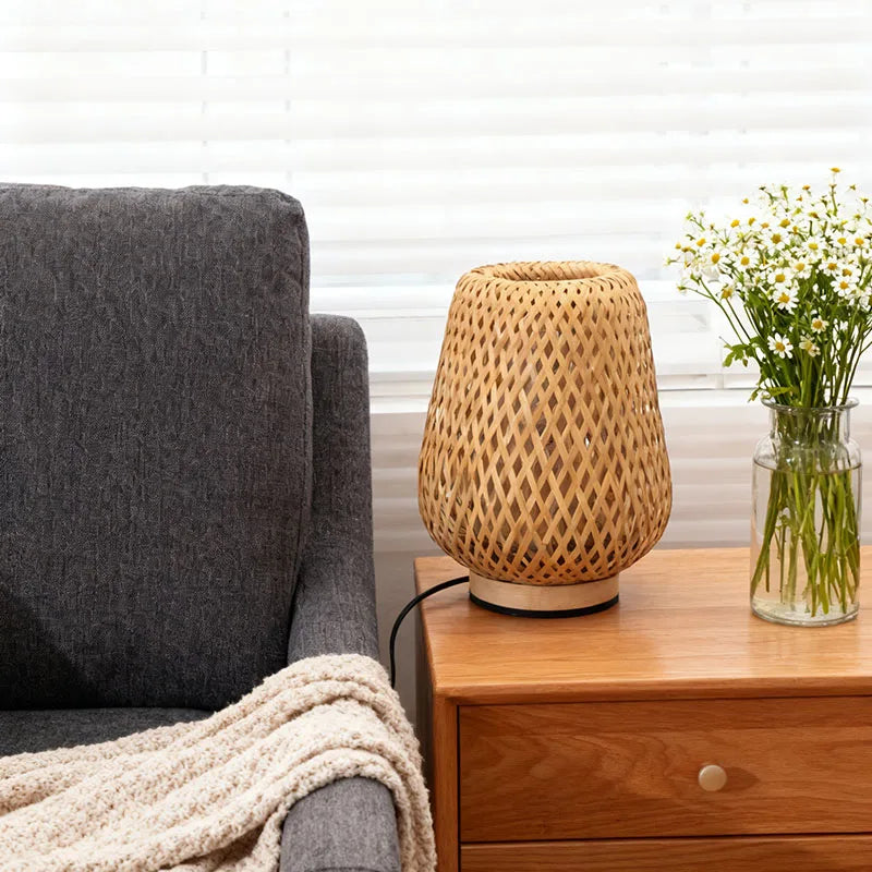 Bamboo table lamp handmade wooden bedside vintage living room decoration night light for bedroom camping desk