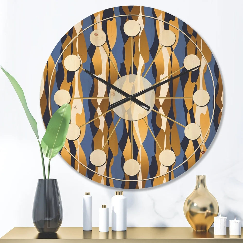 Mid-century modern wood wall clock retro blue gold art decor ready to hang unique design 100% natural pine easy install