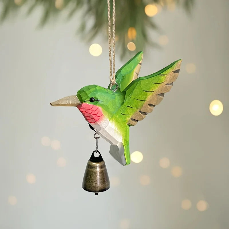 Hand-carved wooden hummingbird figurine with bell handmade bird art carved small animal garden statue mini wildlife