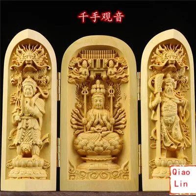 Solid wood carving three open buddha statue collapsible sculpture living room and bedroom decoration modern art - 4