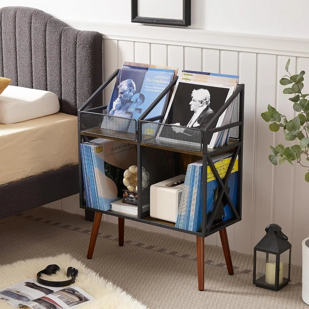 Wooden record storage rack for 250 lps display table albums books and magazines in living room or bedroom - united