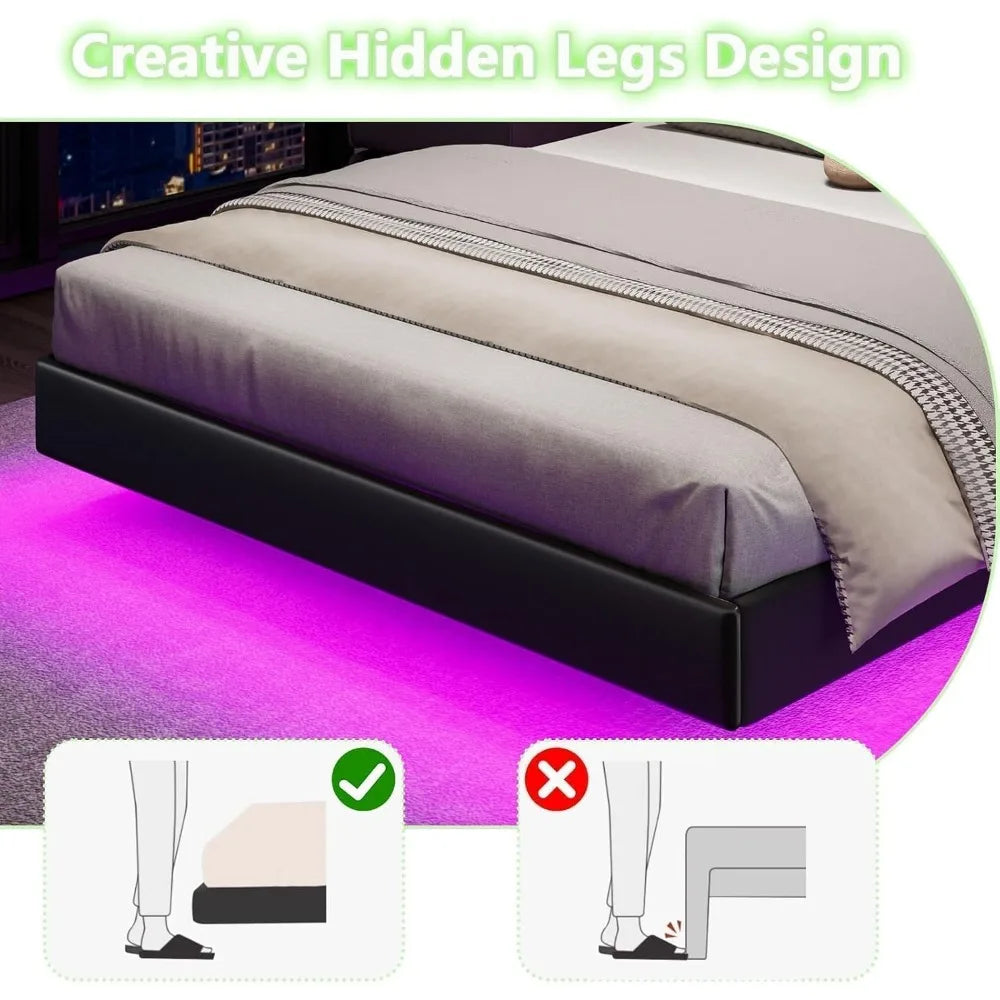 Floating bed frame full with led lights upholstered headboard solid wood slats support