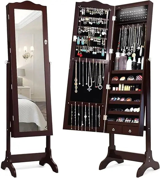 Floor standing jewelry armoire with mirror and led lighting 14 lights 2 drawers adjustable shelves - united states