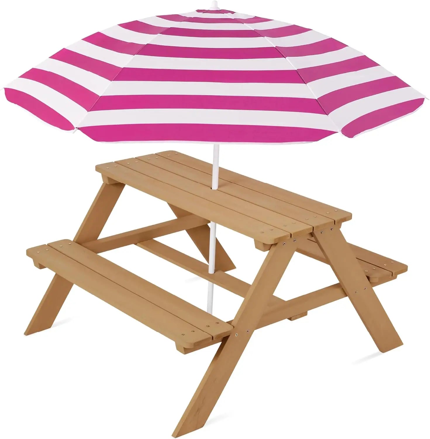 Kids wooden picnic table outdoor activity & dining w/adjustable collapsible umbrella built-in seats - golden brown/navy