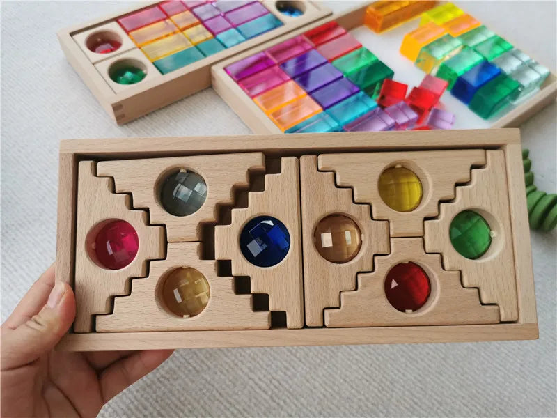 Kids large buidling wood toys x-shapes grids step gables stacking see through diy creative play - step gems in tray 8