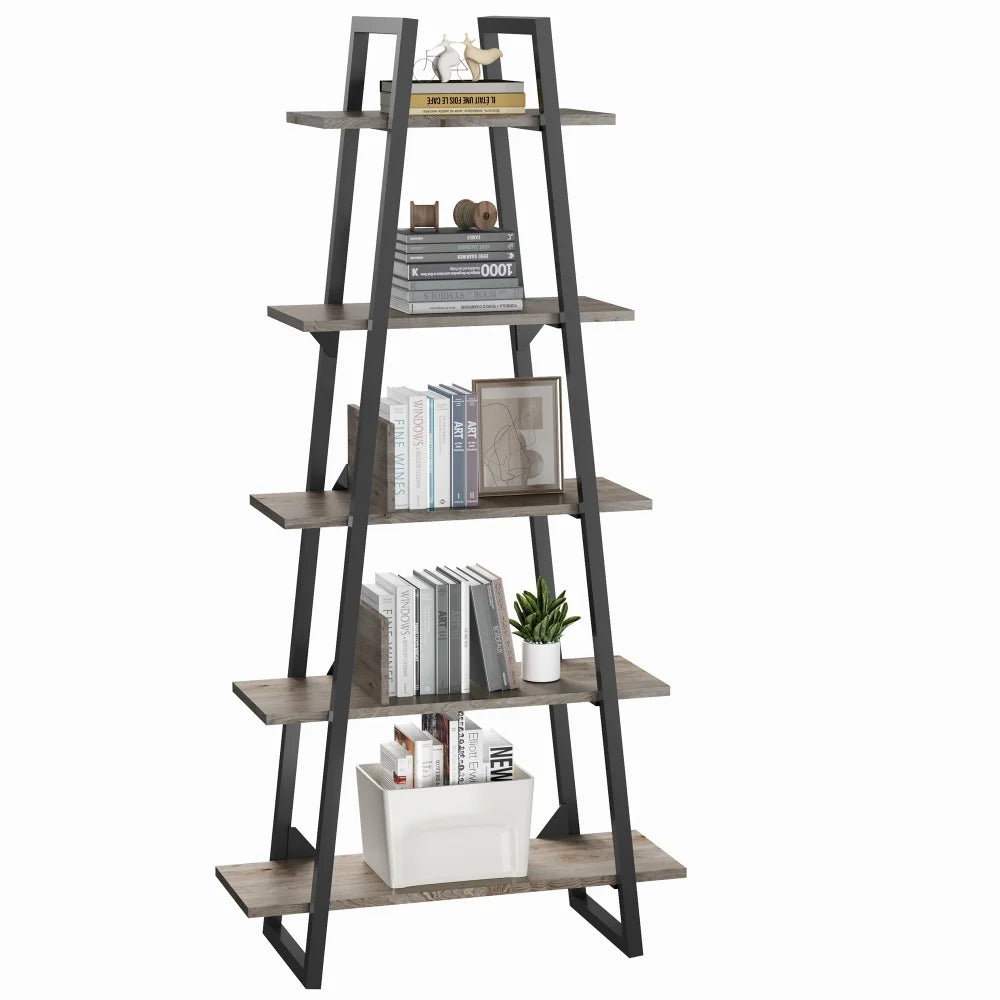 5-tier ladder shelf bookcase industrial wood bookshelf with storage rack organizer narrow open book for living room