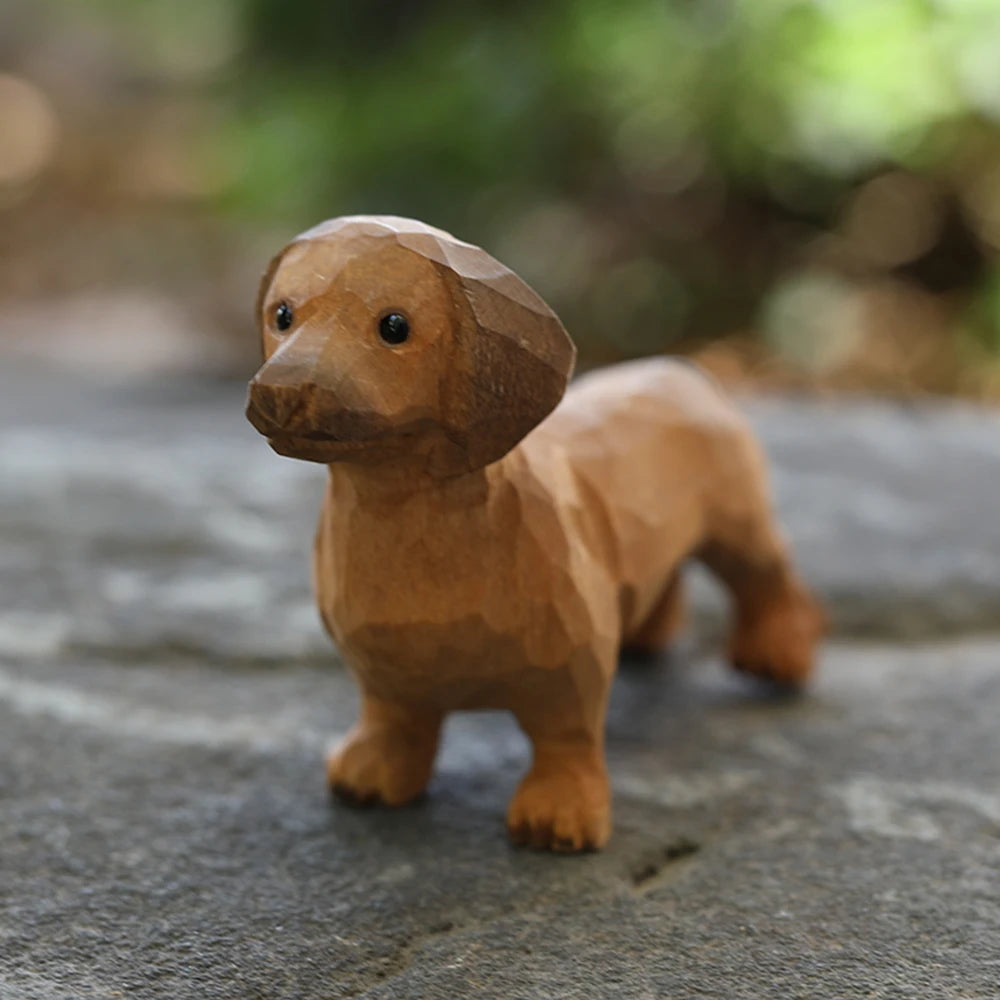 Wood carved dog simulation dachshund animal model small ornament gifts home car decor ornaments dog resin - brown