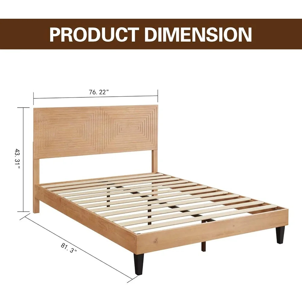 Solid wood king size bed frame with adjustable height headboard mid century modern style mattress foundation