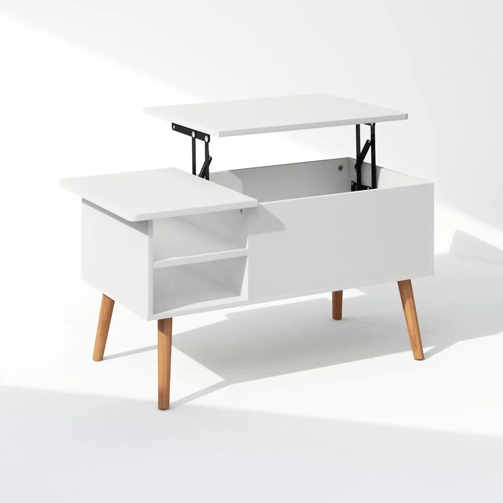Jensen wooden leg lift top coffee table with hidden compartment and side open storage shelf for living room solid white