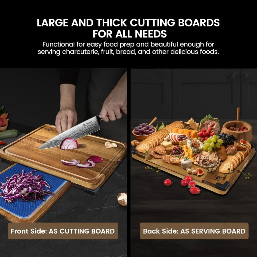 Cutting boards large set of 7 acacia wood charcuterie chopping board for kitchen with holder non slip feet plastic