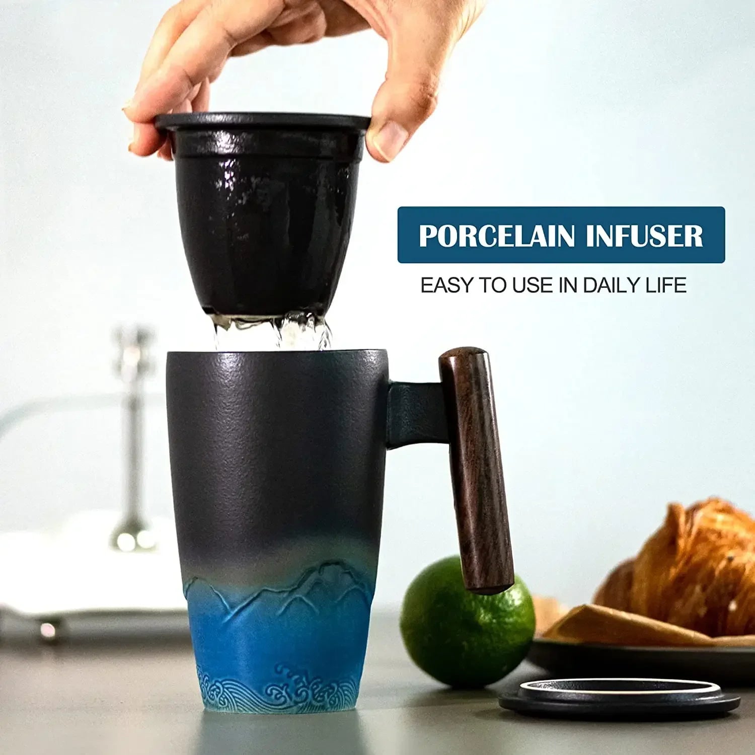 Ceramic tea cup vintage luxury thermal mug with infuser lid coffee mugs beer drinkware wooden handle 400ml personalized