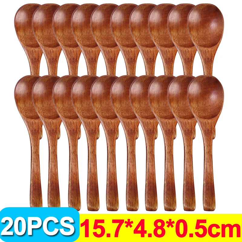1/20pcs kitchen wooden soup spoons long handle coffee milk honey stirring scoops reusable teaspoons cooking utensil