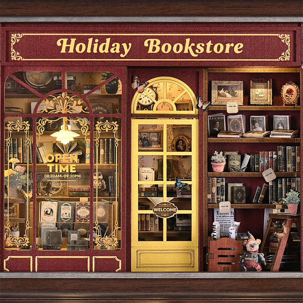 Book nook kit holiday bookstore diy 3d wooden puzzle dollhouse photo frame ornament model bookend building home