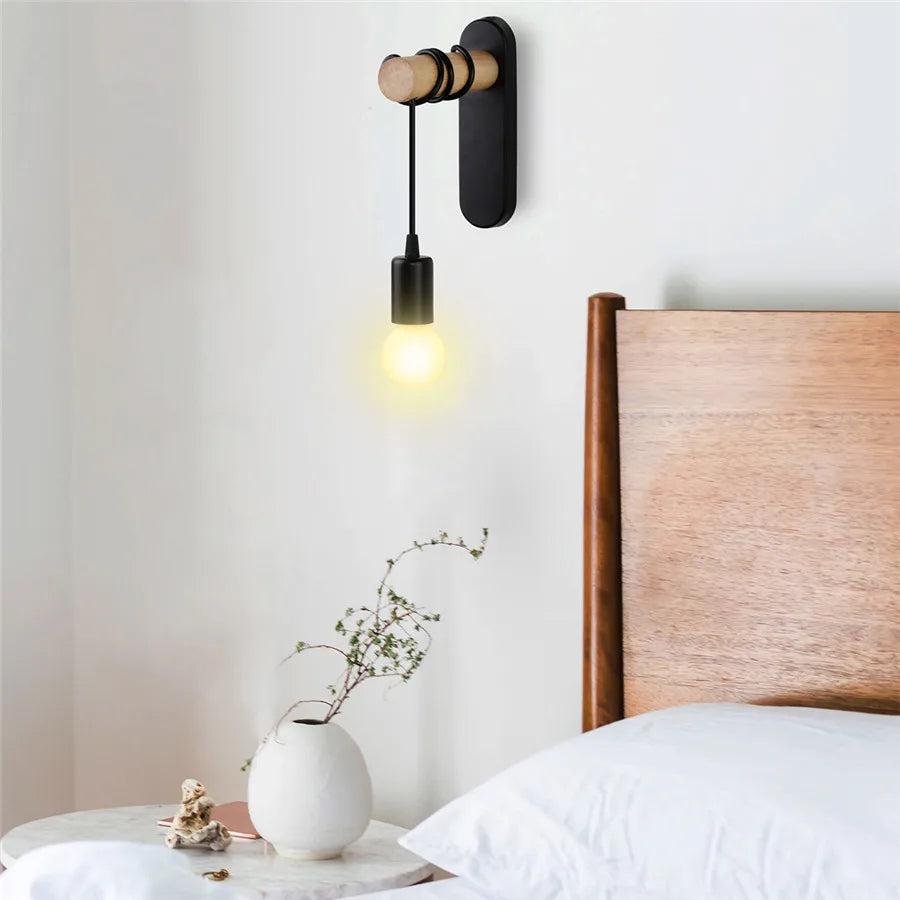 Nordic wood wall lights bedroom bedside lamp black creative modern e27 lamps suspension led home lighting sconce room