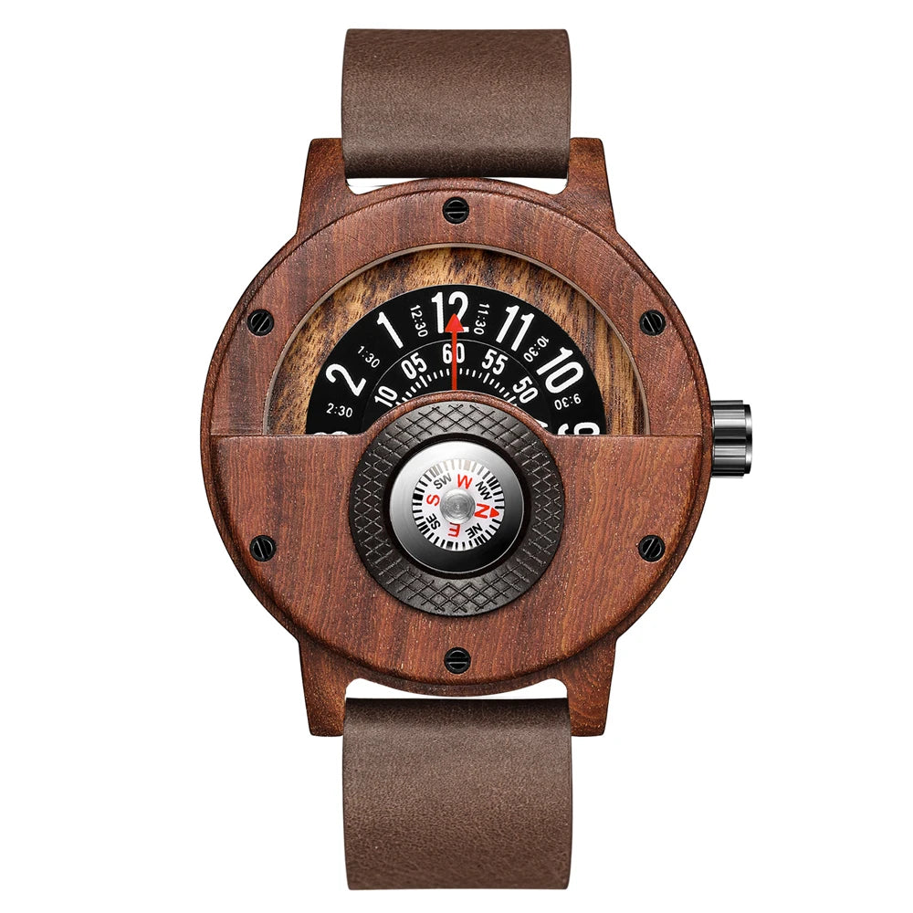 Natural wood watch men’s rotary table compass dial real walnut ebony bamboo brown concept quartz - w208-1