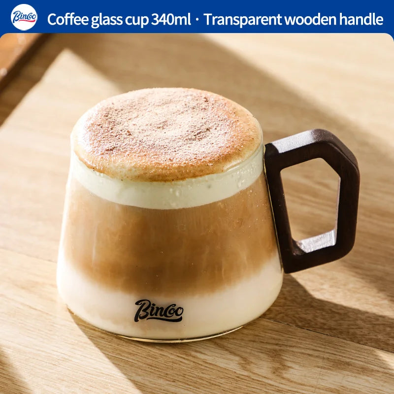 Bincoo 340ml transparent heat-resistant espresso cup glass coffee mug with wood handle cappuccino latte tea water cups