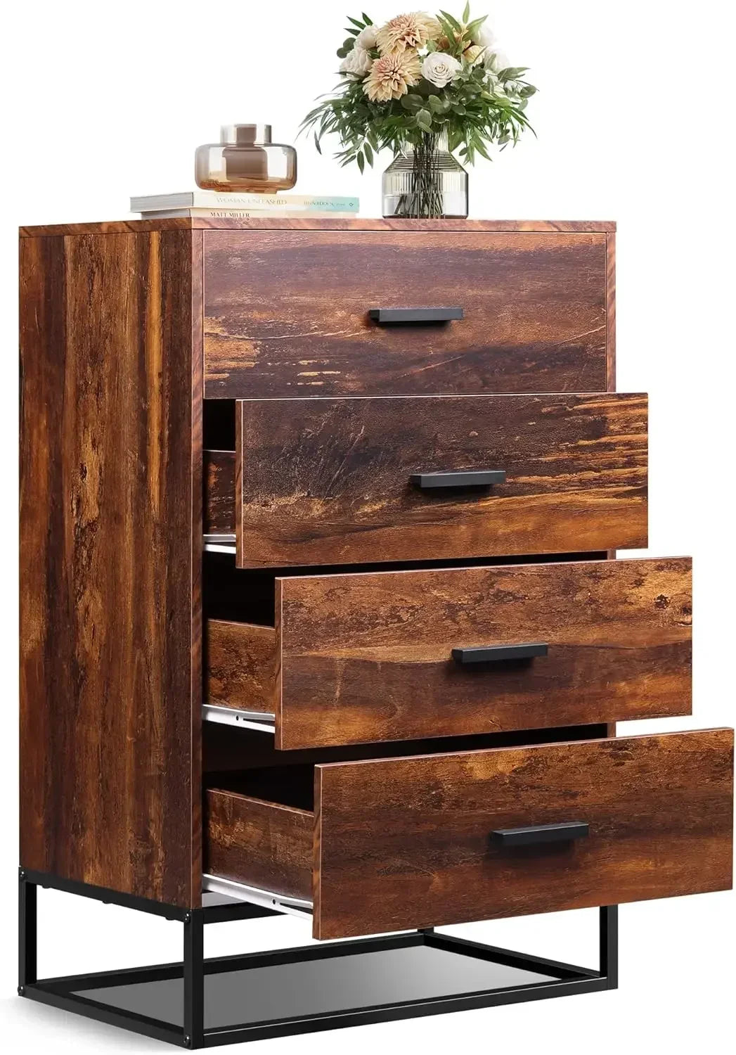 Wood dresser for bedroom with 4 drawers chest of tall sturdy metal frame hallway living room - united states