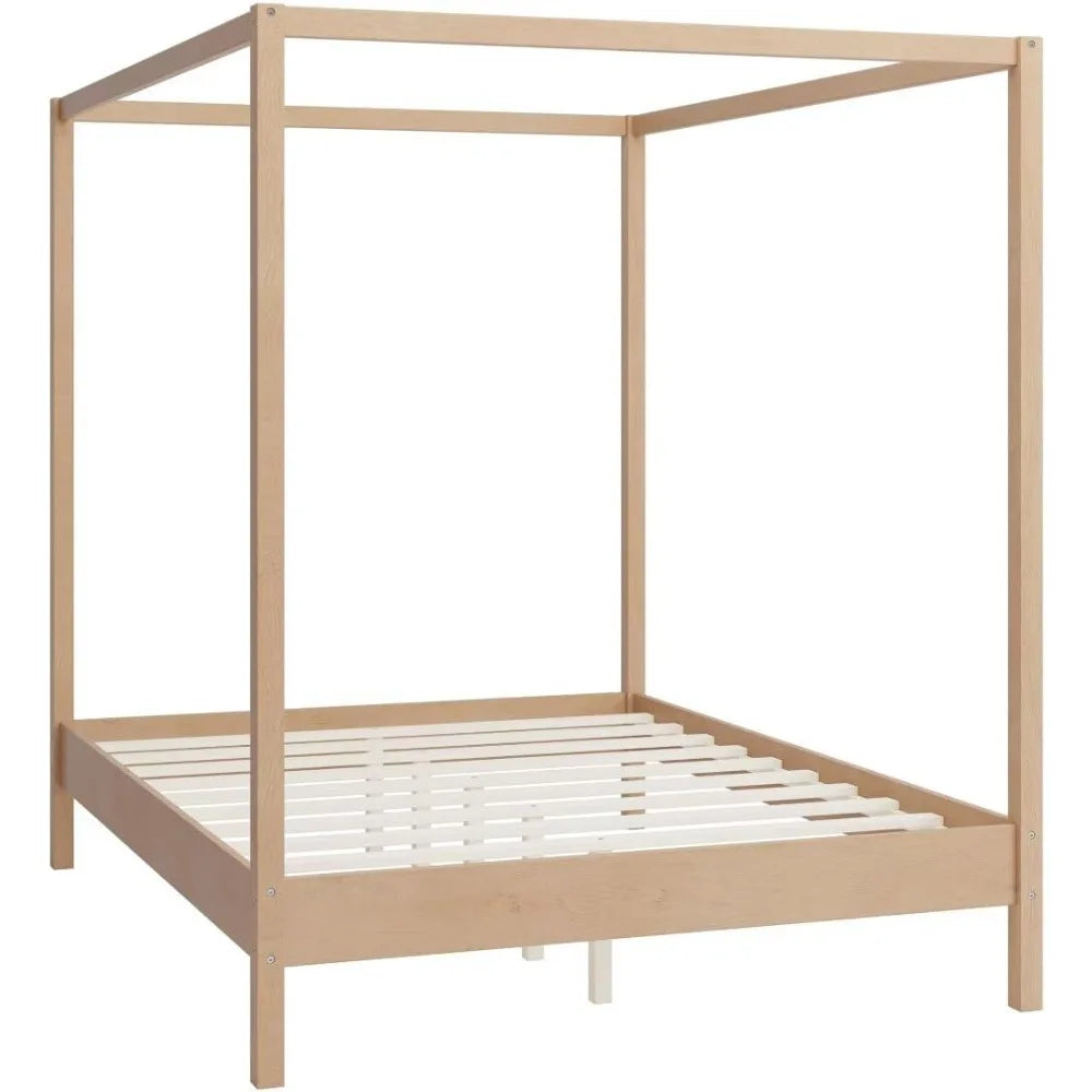Queen size solid wood four poster canopy bed frame with platform slats support - light natural / united states