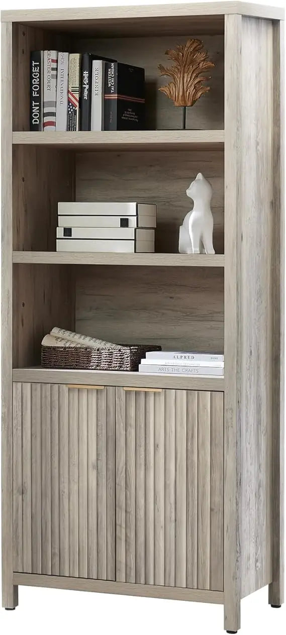 Bookcase tall bookshelf with doors cabinet 15.4in depth 5 tier book shelf wood oak 1.4’’ mdf bookcases storage floor