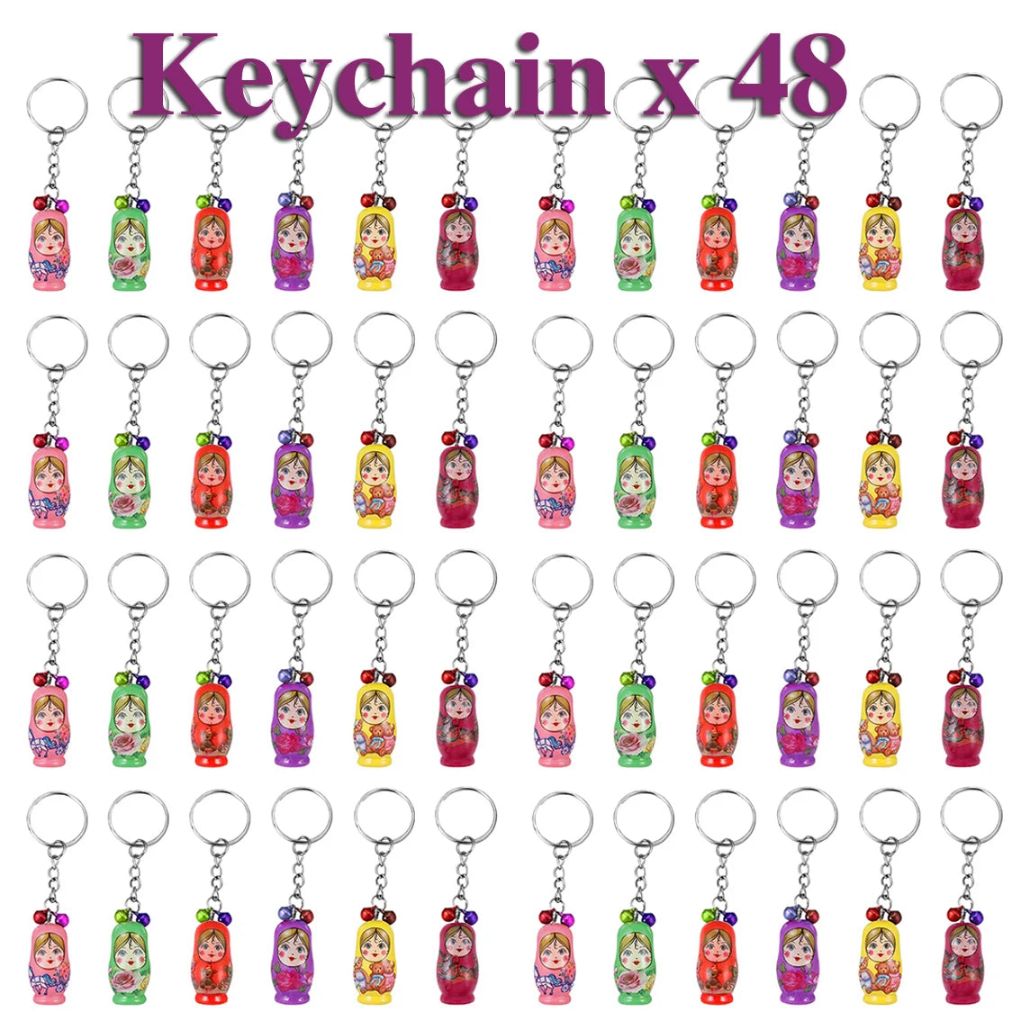 48pcs wood nesting doll keychain pendant ornament matryoshka russian stacking ornaments keyring for handbag purse - mix