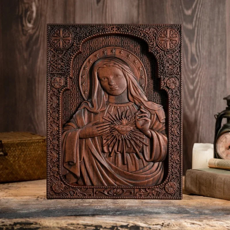 Vintage religious church virgin mary sacred heart wood sculpture catholic saint image home decoration - retro / 25cm