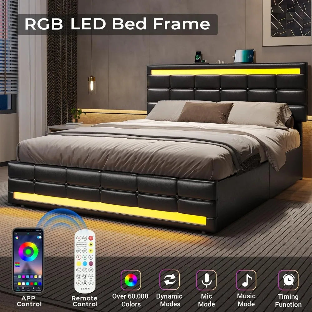Adorneve queen bed frame with led lights leather platform storage drawers and charging station siz