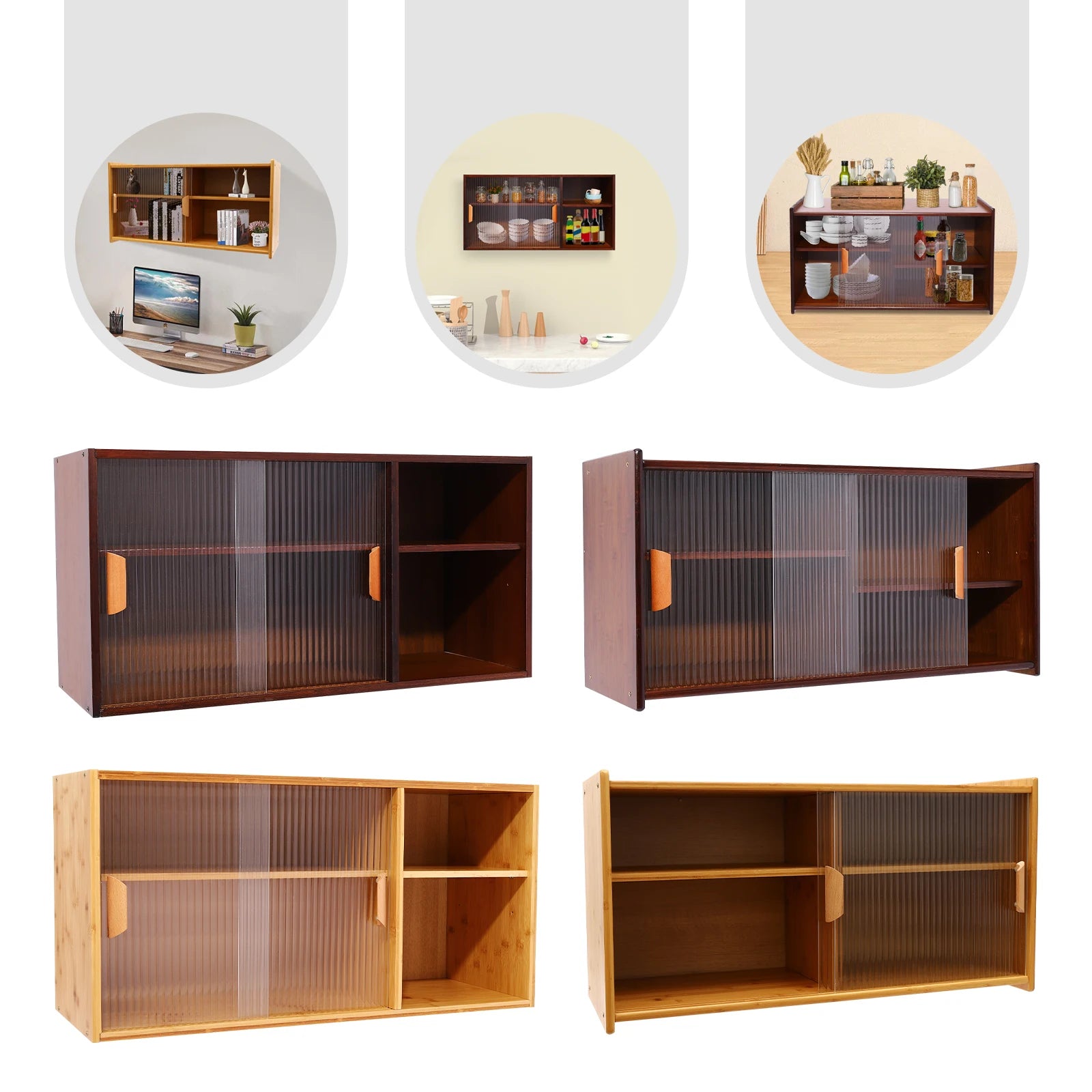 Wall mount bamboo wood pantry cabinet,77/80cm 2 tiers log color/walnut rectangular sideboard with glass doors