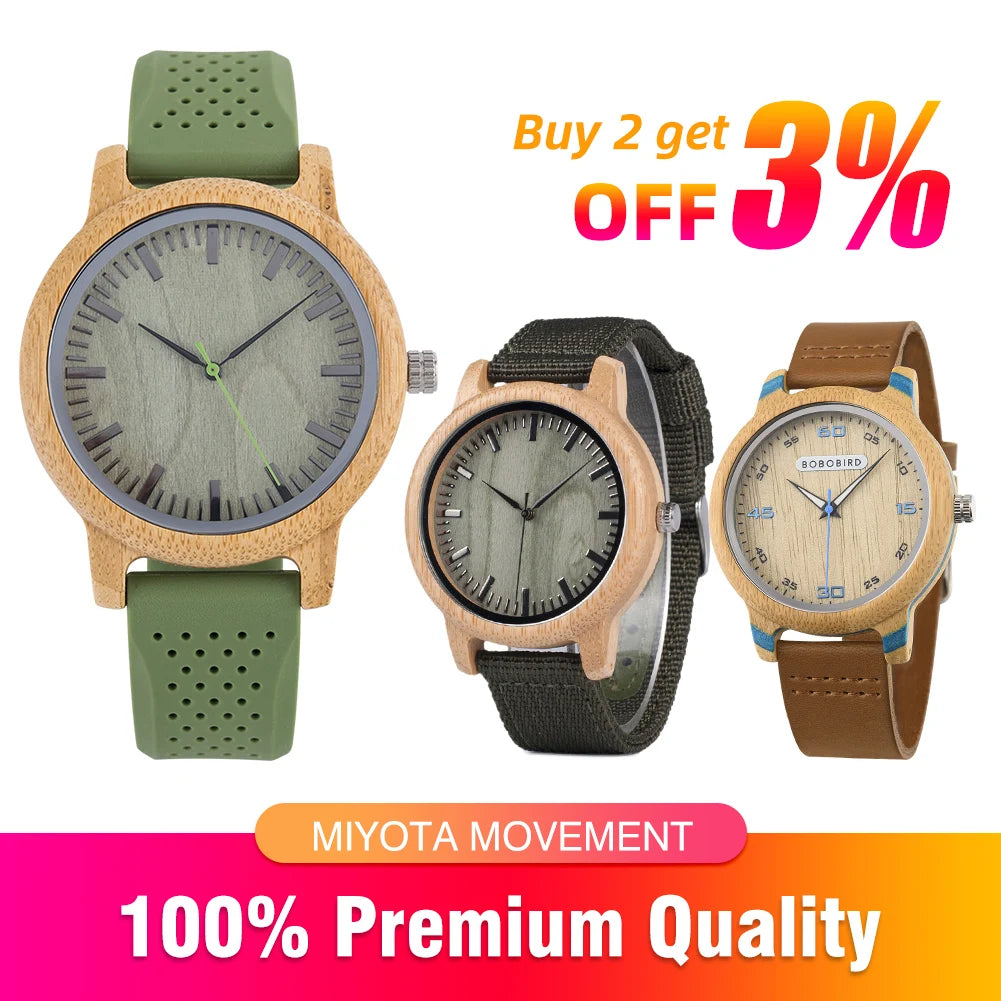 Bobo bird wood watch for men women japan analog quartz wristwatches 44mm causal green leather custom watches relogio