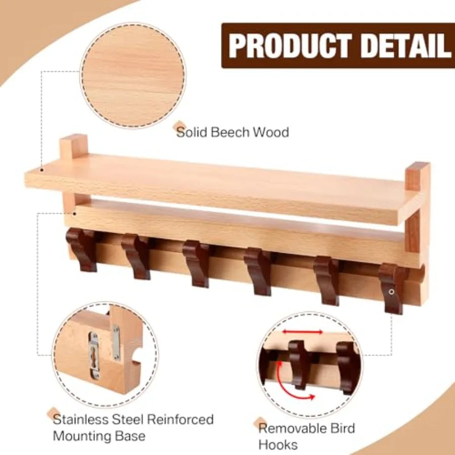 Wood wall mounted coat rack with shelf beech wooden sliding hook track 15’’ long 6 unique woodpecker shaped hooks